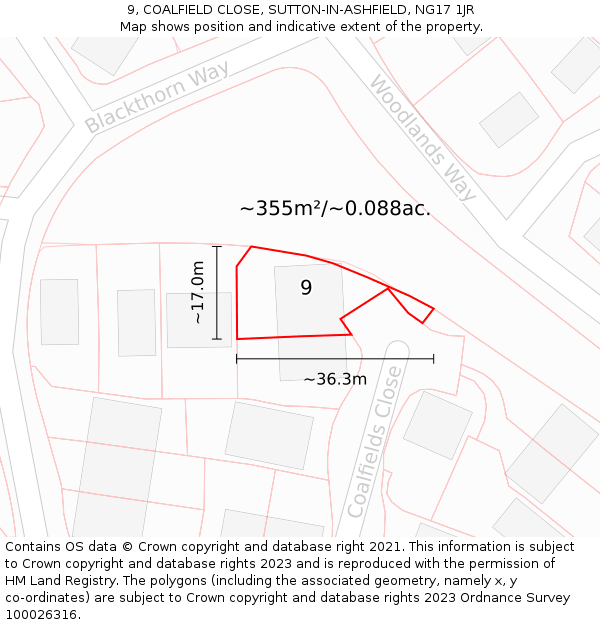 9, COALFIELD CLOSE, SUTTON-IN-ASHFIELD, NG17 1JR: Plot and title map