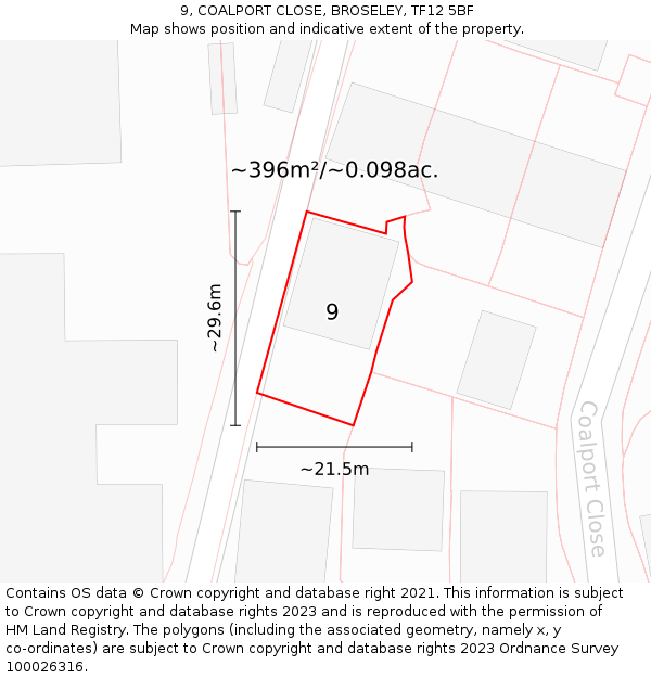 9, COALPORT CLOSE, BROSELEY, TF12 5BF: Plot and title map