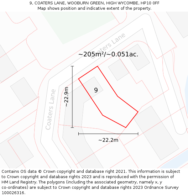 9, COATERS LANE, WOOBURN GREEN, HIGH WYCOMBE, HP10 0FF: Plot and title map