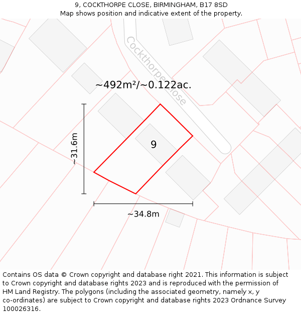 9, COCKTHORPE CLOSE, BIRMINGHAM, B17 8SD: Plot and title map