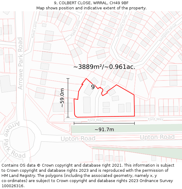 9, COLBERT CLOSE, WIRRAL, CH49 9BF: Plot and title map