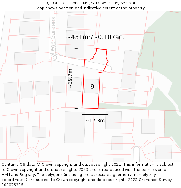 9, COLLEGE GARDENS, SHREWSBURY, SY3 9BF: Plot and title map