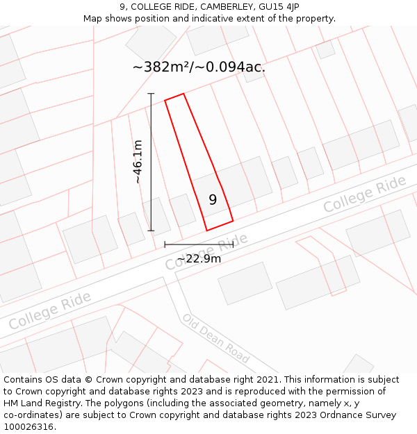 9, COLLEGE RIDE, CAMBERLEY, GU15 4JP: Plot and title map