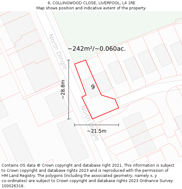 9, COLLINGWOOD CLOSE, LIVERPOOL, L4 1RE: Plot and title map
