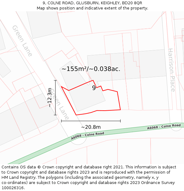 9, COLNE ROAD, GLUSBURN, KEIGHLEY, BD20 8QR: Plot and title map