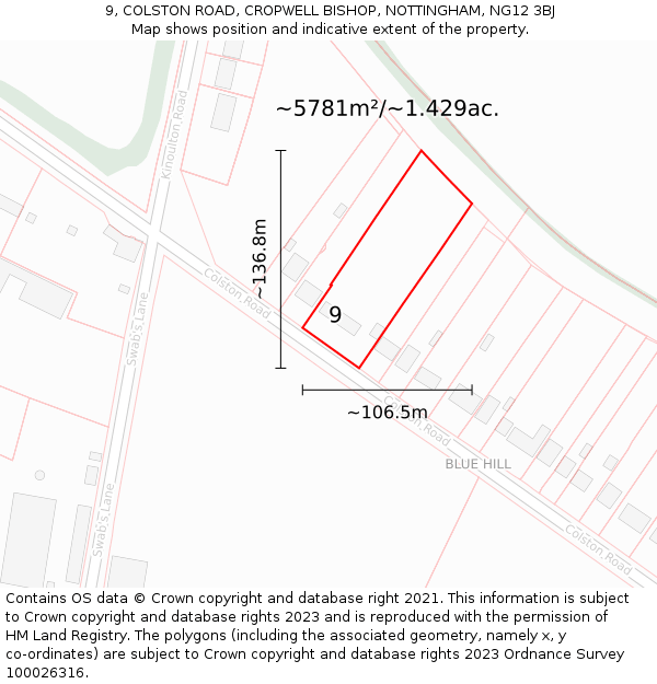 9, COLSTON ROAD, CROPWELL BISHOP, NOTTINGHAM, NG12 3BJ: Plot and title map