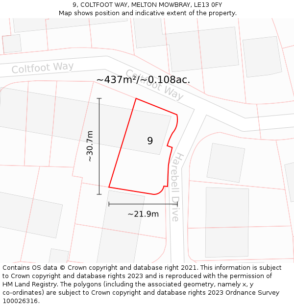 9, COLTFOOT WAY, MELTON MOWBRAY, LE13 0FY: Plot and title map