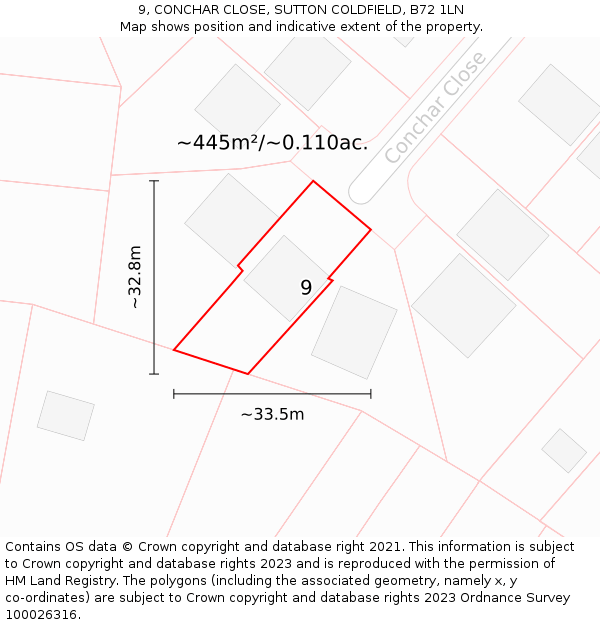 9, CONCHAR CLOSE, SUTTON COLDFIELD, B72 1LN: Plot and title map