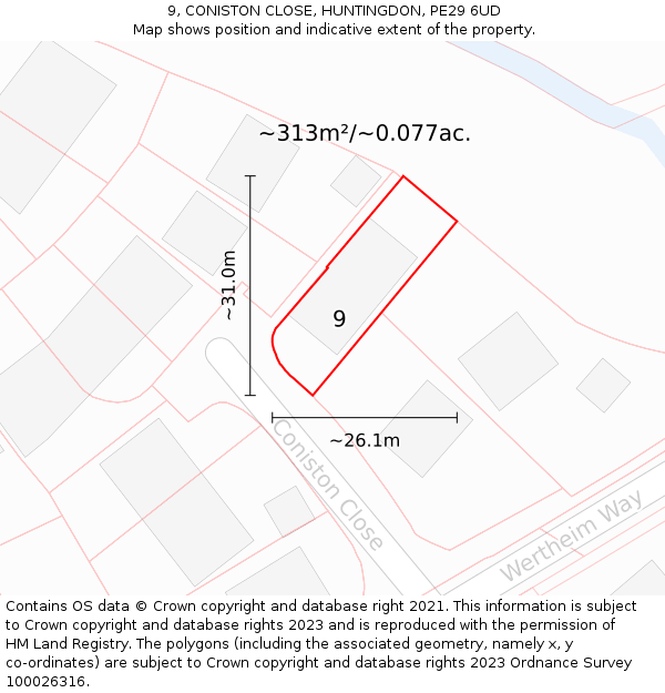 9, CONISTON CLOSE, HUNTINGDON, PE29 6UD: Plot and title map