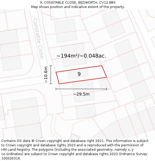 9, CONSTABLE CLOSE, BEDWORTH, CV12 8BX: Plot and title map