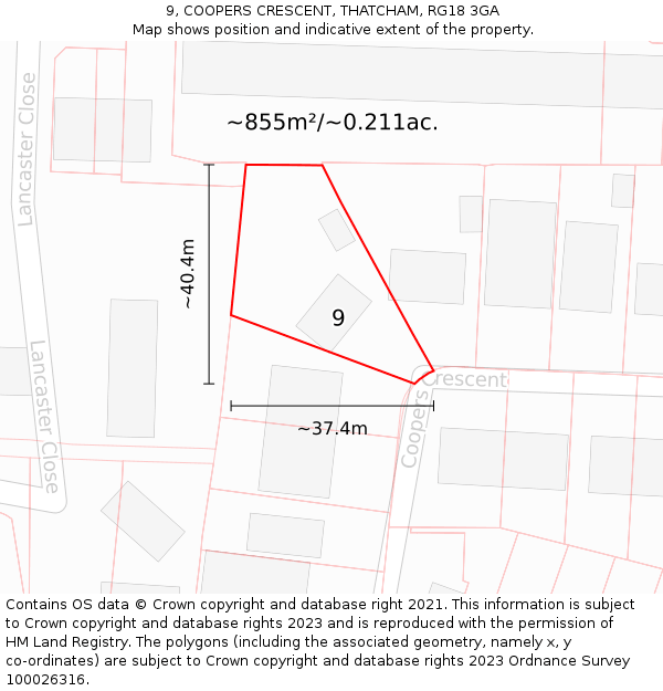 9, COOPERS CRESCENT, THATCHAM, RG18 3GA: Plot and title map