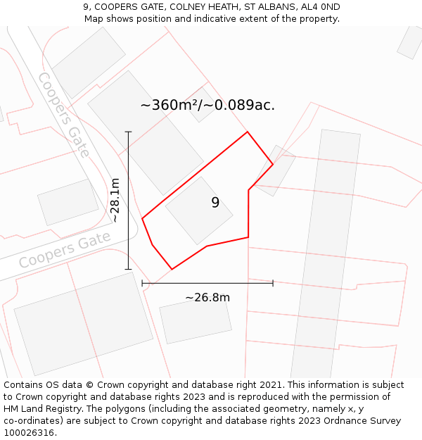 9, COOPERS GATE, COLNEY HEATH, ST ALBANS, AL4 0ND: Plot and title map