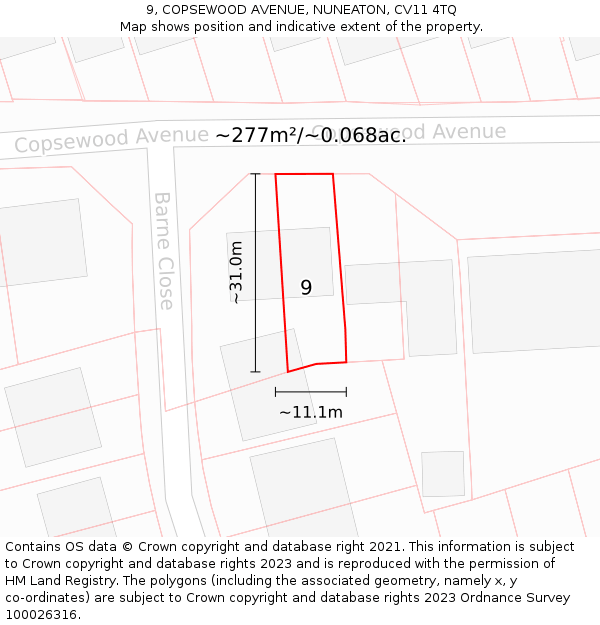 9, COPSEWOOD AVENUE, NUNEATON, CV11 4TQ: Plot and title map