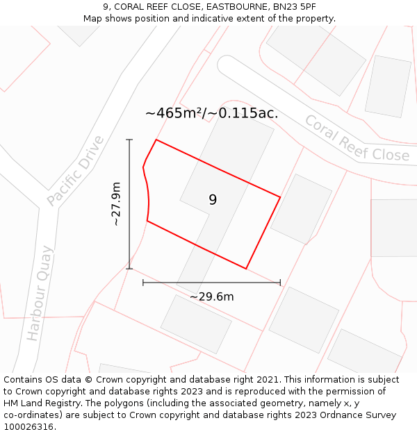 9, CORAL REEF CLOSE, EASTBOURNE, BN23 5PF: Plot and title map