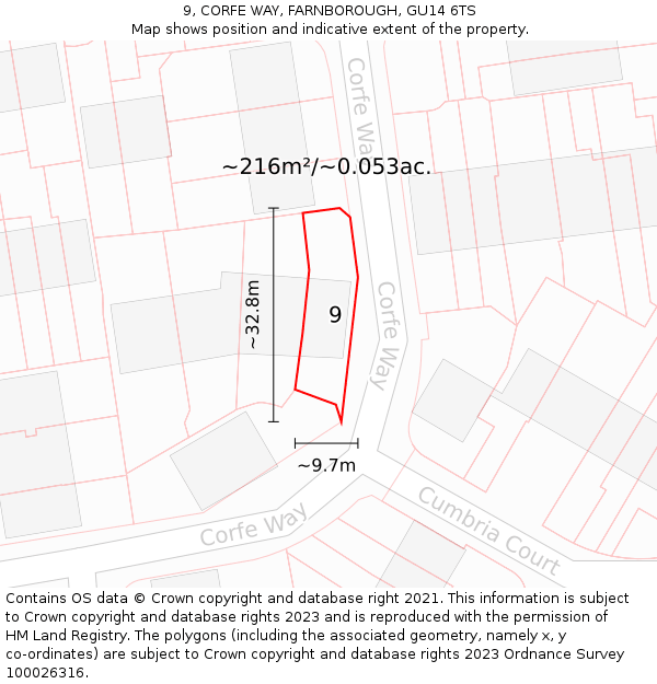 9, CORFE WAY, FARNBOROUGH, GU14 6TS: Plot and title map