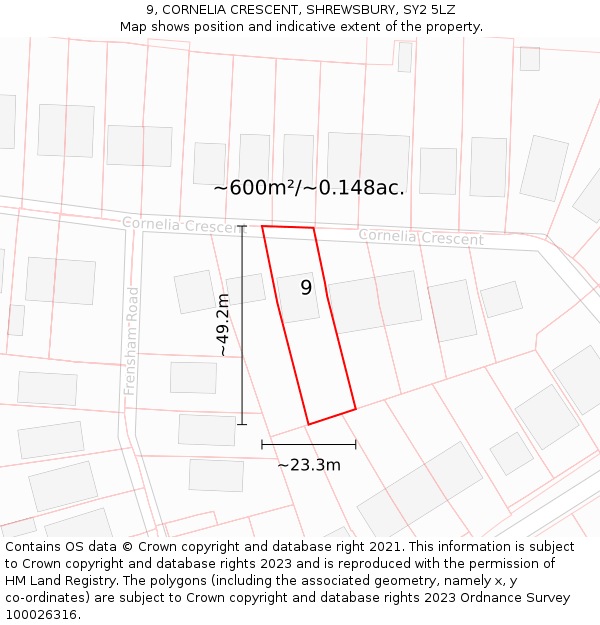 9, CORNELIA CRESCENT, SHREWSBURY, SY2 5LZ: Plot and title map