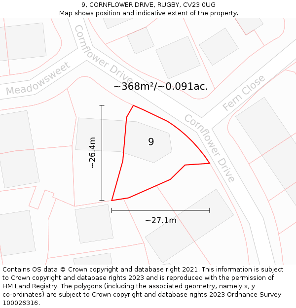 9, CORNFLOWER DRIVE, RUGBY, CV23 0UG: Plot and title map