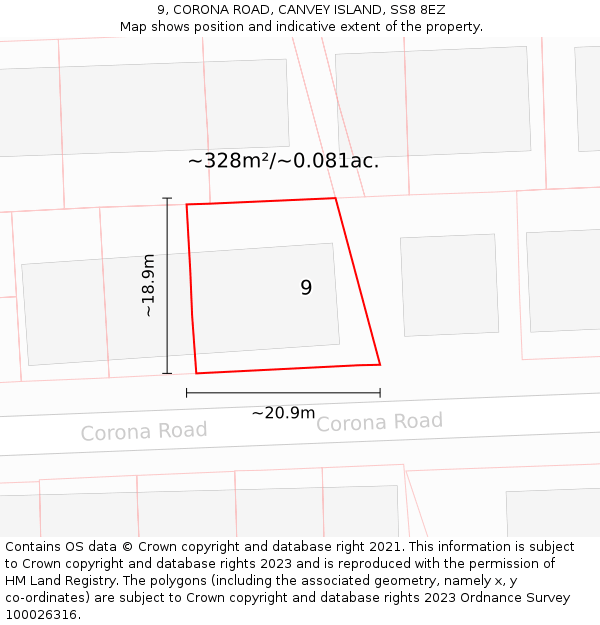 9, CORONA ROAD, CANVEY ISLAND, SS8 8EZ: Plot and title map