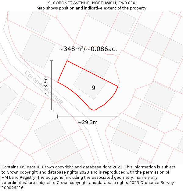 9, CORONET AVENUE, NORTHWICH, CW9 8FX: Plot and title map