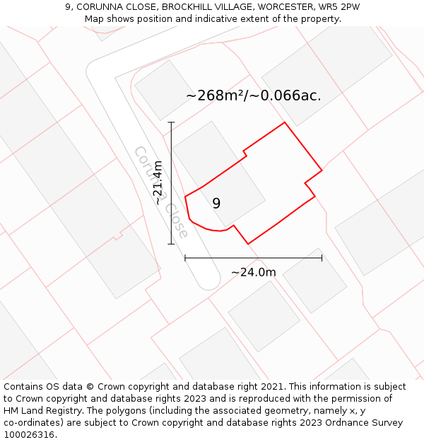 9, CORUNNA CLOSE, BROCKHILL VILLAGE, WORCESTER, WR5 2PW: Plot and title map