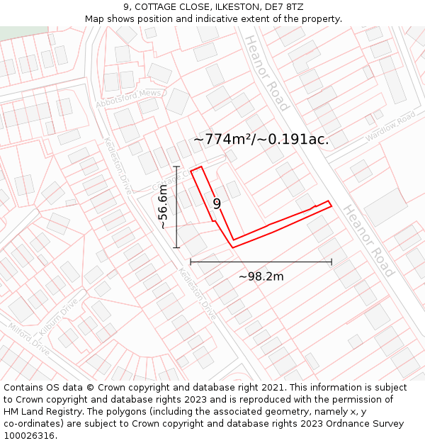 9, COTTAGE CLOSE, ILKESTON, DE7 8TZ: Plot and title map