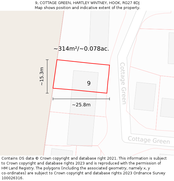 9, COTTAGE GREEN, HARTLEY WINTNEY, HOOK, RG27 8DJ: Plot and title map