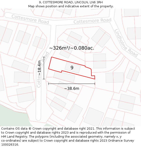 9, COTTESMORE ROAD, LINCOLN, LN6 3RH: Plot and title map