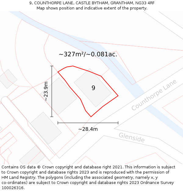 9, COUNTHORPE LANE, CASTLE BYTHAM, GRANTHAM, NG33 4RF: Plot and title map