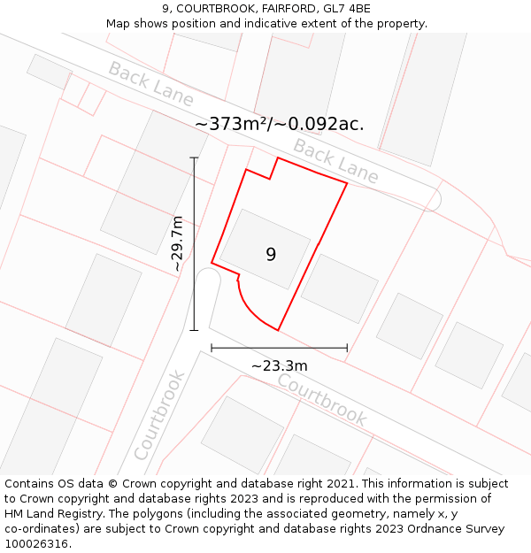 9, COURTBROOK, FAIRFORD, GL7 4BE: Plot and title map