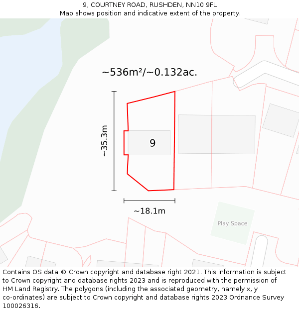 9, COURTNEY ROAD, RUSHDEN, NN10 9FL: Plot and title map