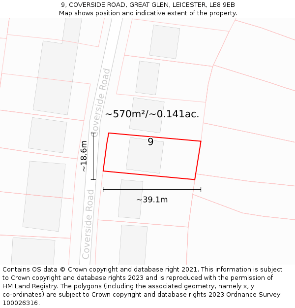 9, COVERSIDE ROAD, GREAT GLEN, LEICESTER, LE8 9EB: Plot and title map