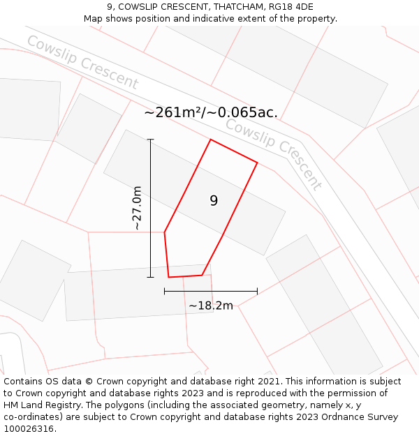 9, COWSLIP CRESCENT, THATCHAM, RG18 4DE: Plot and title map