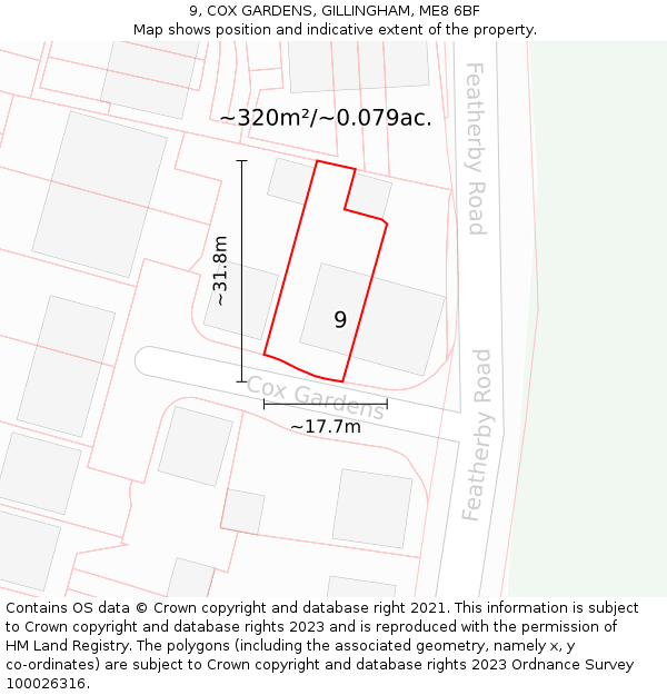 9, COX GARDENS, GILLINGHAM, ME8 6BF: Plot and title map