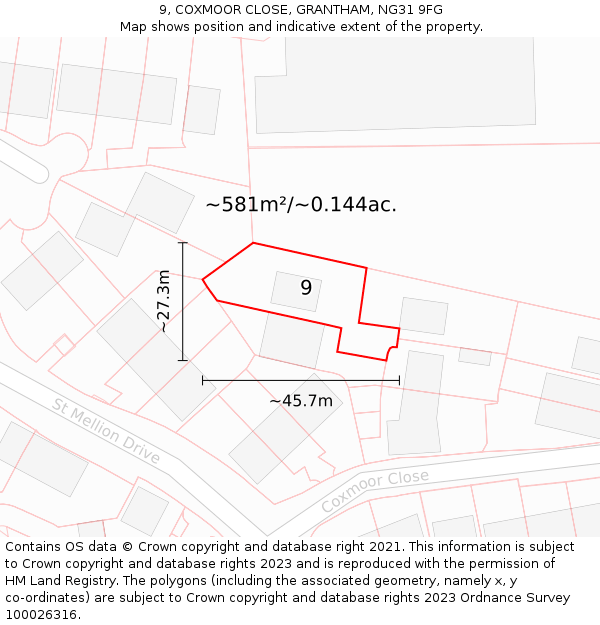 9, COXMOOR CLOSE, GRANTHAM, NG31 9FG: Plot and title map