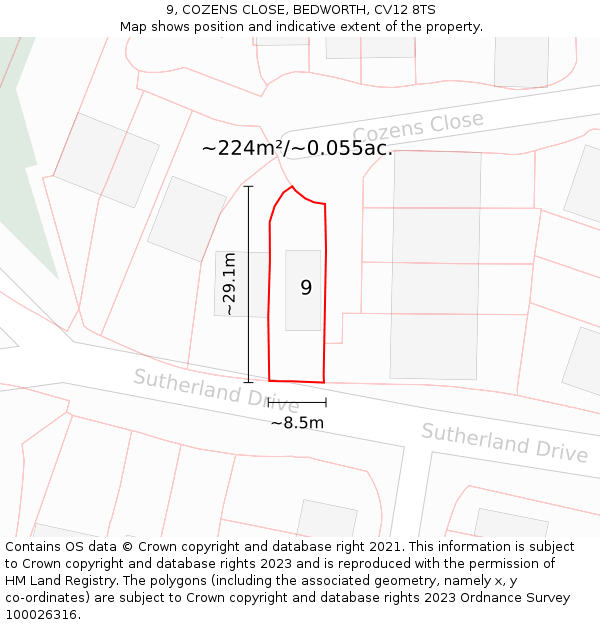 9, COZENS CLOSE, BEDWORTH, CV12 8TS: Plot and title map