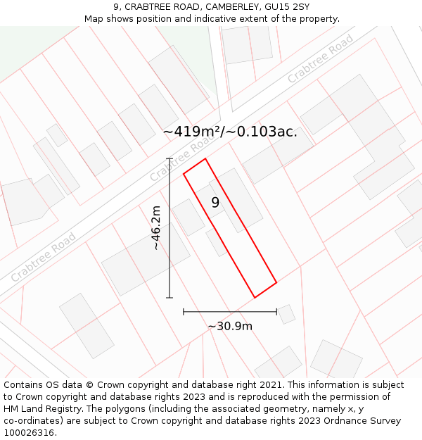 9, CRABTREE ROAD, CAMBERLEY, GU15 2SY: Plot and title map