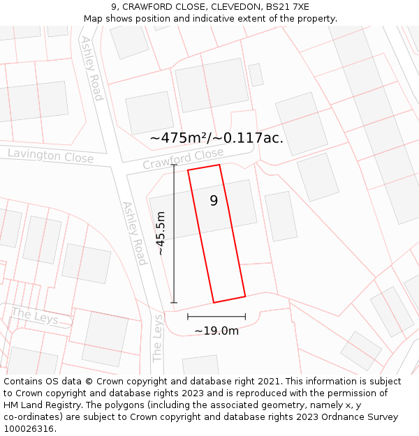 9, CRAWFORD CLOSE, CLEVEDON, BS21 7XE: Plot and title map