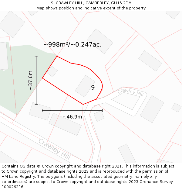 9, CRAWLEY HILL, CAMBERLEY, GU15 2DA: Plot and title map