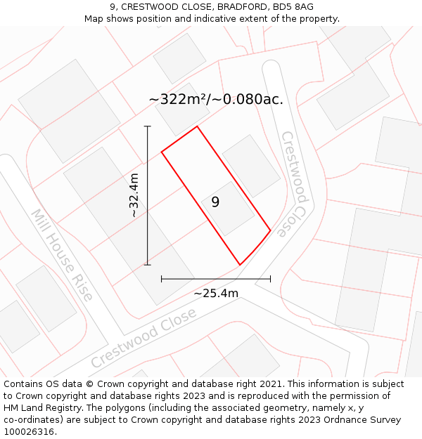 9, CRESTWOOD CLOSE, BRADFORD, BD5 8AG: Plot and title map