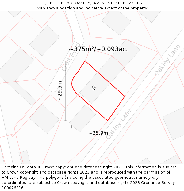 9, CROFT ROAD, OAKLEY, BASINGSTOKE, RG23 7LA: Plot and title map