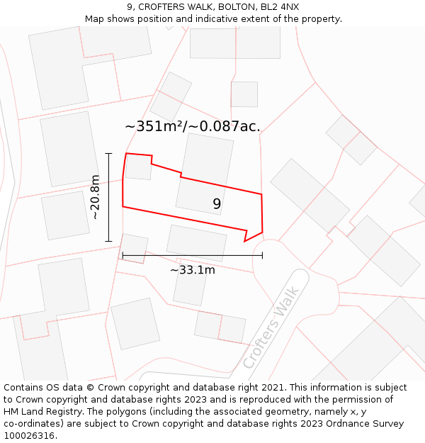 9, CROFTERS WALK, BOLTON, BL2 4NX: Plot and title map