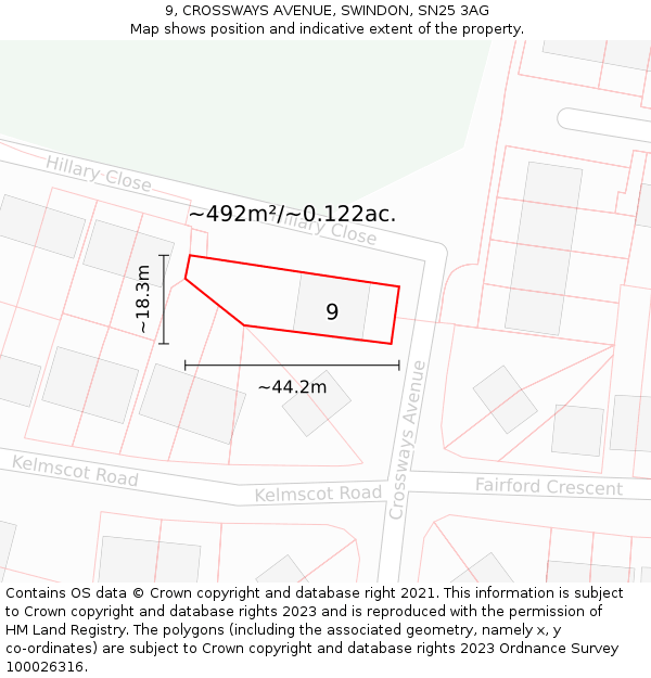 9, CROSSWAYS AVENUE, SWINDON, SN25 3AG: Plot and title map