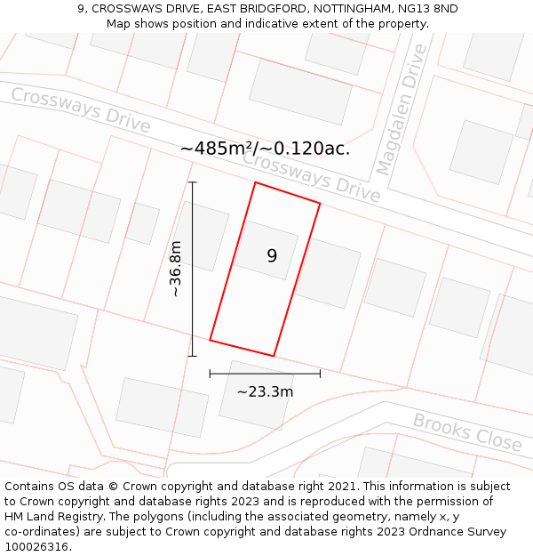 9, CROSSWAYS DRIVE, EAST BRIDGFORD, NOTTINGHAM, NG13 8ND: Plot and title map