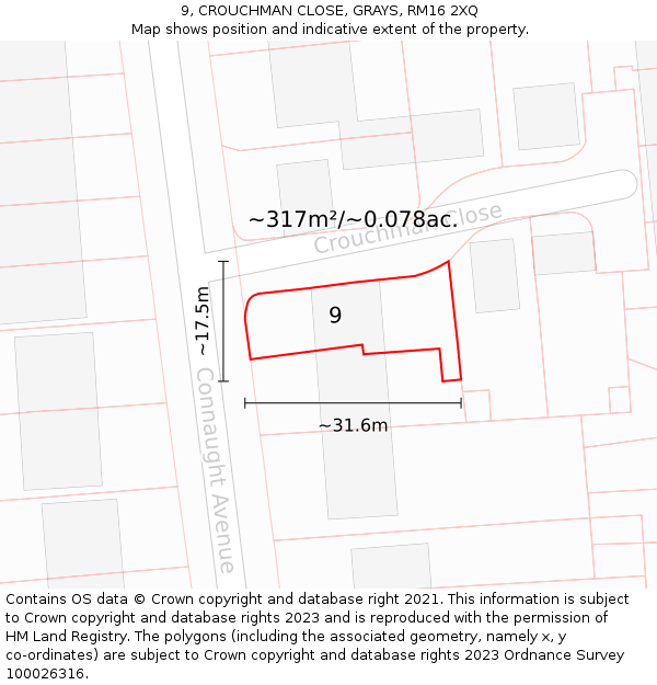 9, CROUCHMAN CLOSE, GRAYS, RM16 2XQ: Plot and title map