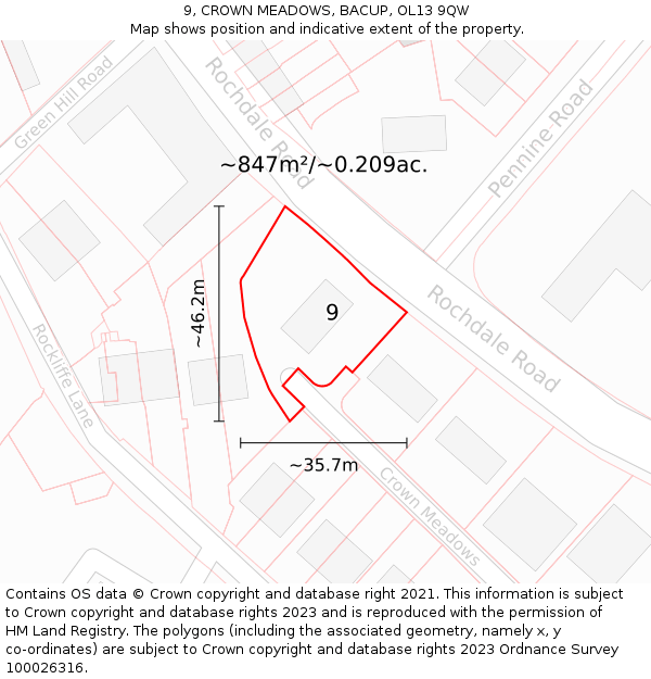 9, CROWN MEADOWS, BACUP, OL13 9QW: Plot and title map