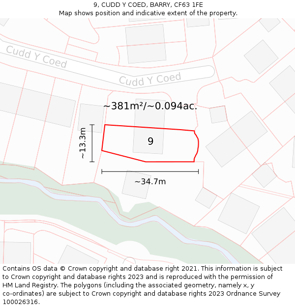 9, CUDD Y COED, BARRY, CF63 1FE: Plot and title map