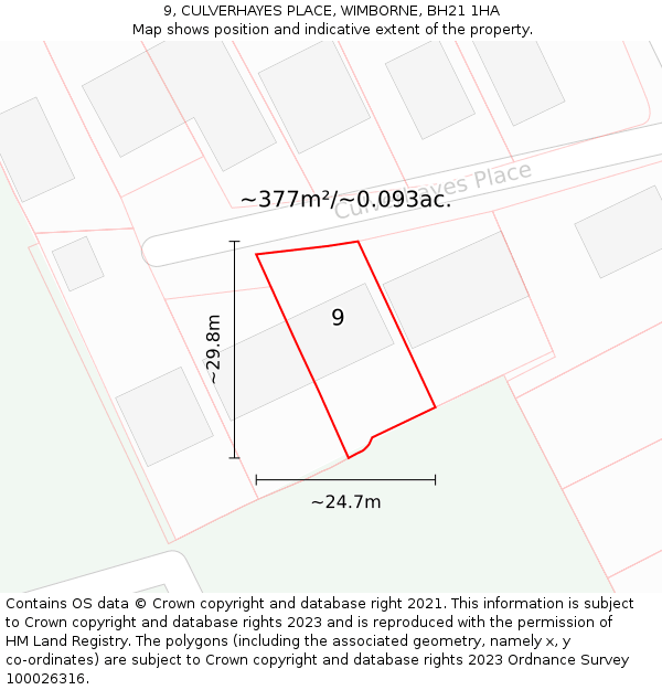 9, CULVERHAYES PLACE, WIMBORNE, BH21 1HA: Plot and title map