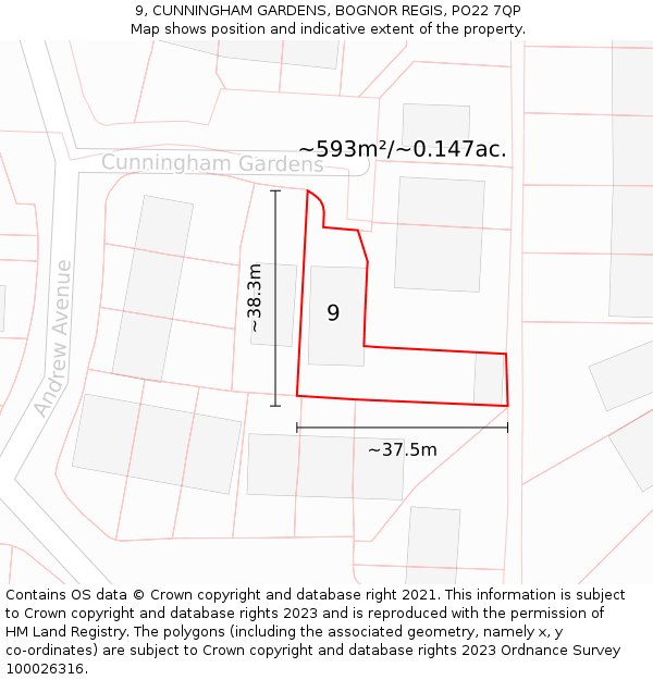 9, CUNNINGHAM GARDENS, BOGNOR REGIS, PO22 7QP: Plot and title map