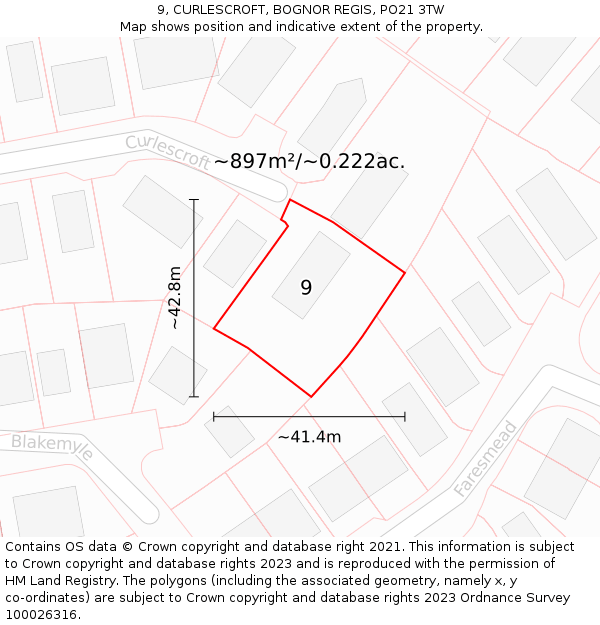 9, CURLESCROFT, BOGNOR REGIS, PO21 3TW: Plot and title map