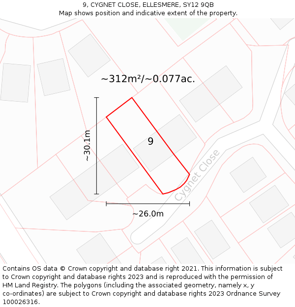 9, CYGNET CLOSE, ELLESMERE, SY12 9QB: Plot and title map